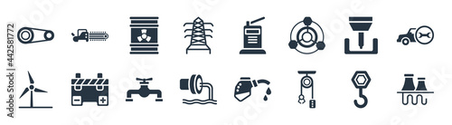 industry filled icons. glyph vector icons such as geothermal, sheave, sewage, eco windmill, crusher, nuclear residue, electronic print machine, electric saw sign isolated on white background.