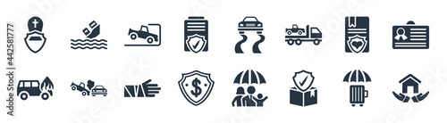 insurance filled icons. glyph vector icons such as house insurance, cargo insurance, of a shield with dollar, burning car, marriage contract, parking crash, slippery road, sinking sign isolated on