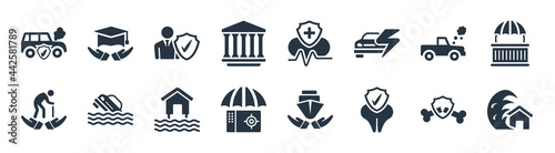 insurance filled icons. glyph vector icons such as tsunami insurance, dental insurance, bank safe, retirement, total loss, beneficiary, health education sign isolated on white background.