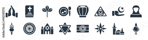 religion filled icons. glyph vector icons such as bindi, holy star, blasphemy, jewish incense, islam, bael tree, tablas, bible sign isolated on white background.