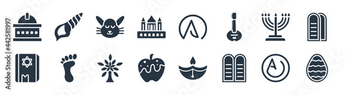 religion filled icons. glyph vector icons such as easter eggs, halakha, apple and honey, torah book, menorah, easter bunny, atheism, conch shell sign isolated on white background.