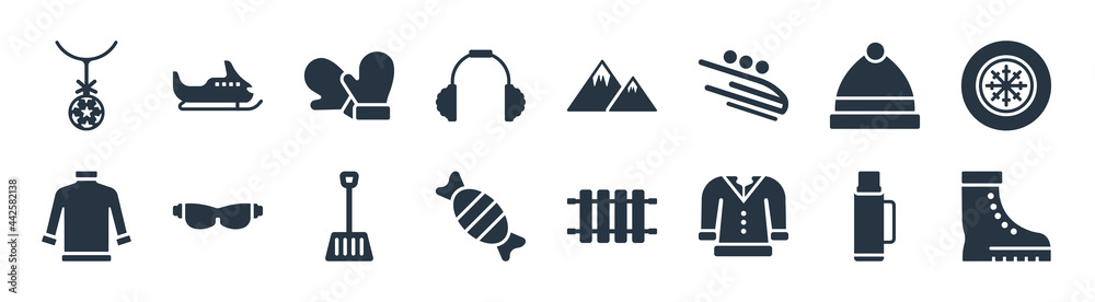 winter filled icons. glyph vector icons such as winter boots, fur coat, candy, turtleneck sweater, winter clothes, mittens, snowy mountain, snowmobile sign isolated on white background.
