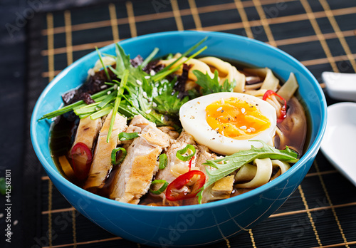 Miso soup. Japanese ramen soup with chicken, egg, nori and  nipposinica on dark background. photo