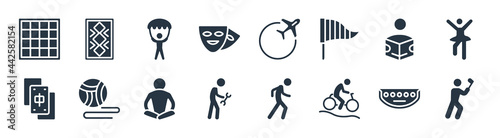 activity and hobbies filled icons. glyph vector icons such as golf playing, downhill, repairing, mahjong, boy reading, gliding parachutist, travelling, quilt sign isolated on white background.