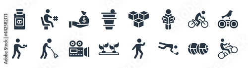 activities filled icons. glyph vector icons such as bmx, jumping to the water, hydroponics, insect collecting, biking, collecting, modeling, lace making sign isolated on white background.