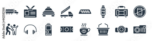 airport terminal filled icons. glyph vector icons such as vintage camera, duty free basket, two plane tickets, airport searchor, picking luggage, airport taxi, taxi, identification badge sign