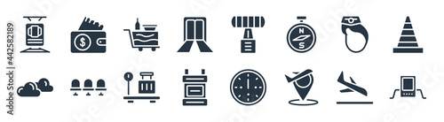 airport terminal filled icons. glyph vector icons such as airport x ray machine, airport placeholder, big backpack, cloudy day, stewardress head, trolley with food, radar, purse with bill sign
