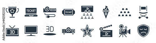 cinema filled icons. glyph vector icons such as sad mask, movie clapper open, movie projector front view, 3d movie, theatre seats, projector with plug, cinema audience, buy tickets online sign