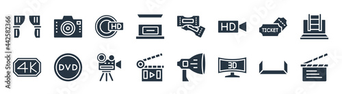 cinema filled icons. glyph vector icons such as cinema clapperboard, 3 dimension screen, cinema flapper, 4k, two movie tickets, hd dvd, tickets, dslr camera sign isolated on white background.
