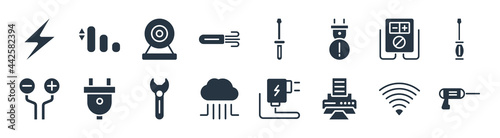 electrian connections filled icons. glyph vector icons such as driller, print, cloud, wires, voltmeter, web camera, screwdriver, medium sign isolated on white background. photo