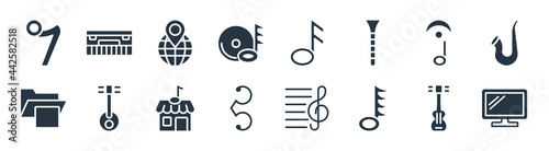 music and media filled icons. glyph vector icons such as television screen off, hemidemisemiquaver, alto clef, image archive, fermata, globe with pointer, semiquaver, synthesizer sign isolated on