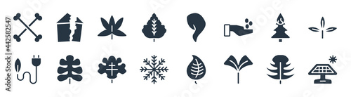 nature filled icons. glyph vector icons such as solar, ginkgo, big snowflake, natural energy, pine tree on fire, liquidambar leaf, hair style, damaged sign isolated on white background.