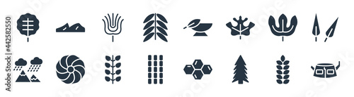 nature filled icons. glyph vector icons such as stump house, spruce, bamboo sticks, rainy landscape, sassafras leaf, larch leaf, treatments, dune sign isolated on white background.