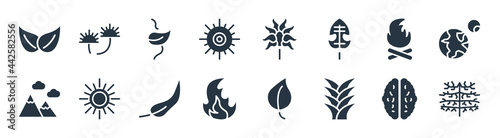 nature filled icons. glyph vector icons such as cypress leaf, yucca, burning flames, mountain colapse, camping bonfire, perfoliate, nut leaf, carnivorous plant sign isolated on white background.