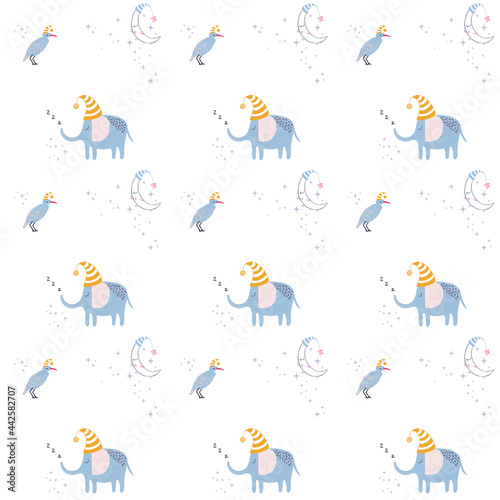 Pattern with cute sleeping elephant, bird and moon. Hand drawn vector characters in simple scandinavian style. Sweet dreams. Ideal kids design, for fabric, textile, wrapping, decorating baby nursery.