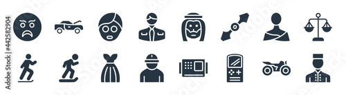 user filled icons. glyph vector icons such as indonesian, game boy, worker profile, skater, thai, face treatments, arab man, hood open sign isolated on white background.