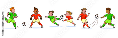 Set of isolated images Teenage soccer players kicking a soccer ball. Vector illustration in flat cartoon comic style © Hanna