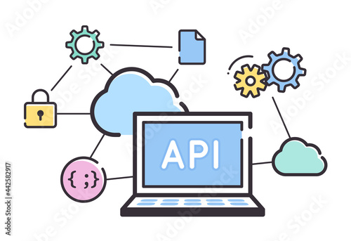 シンプルな線のノートパソコンとネットワークのイメージ_IT_API
