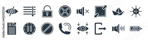user interface filled icons. glyph vector icons such as charging status, , telephone call, new file, paper boat, unblocked, low volume, sort down sign isolated on white