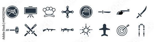 weapons filled icons. glyph vector icons such as japanese nunchaku, boarding, bazooka, thor hammer, musket, brass knuckles, no arms, boards sign isolated on white background.