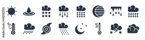 weather filled icons. glyph vector icons such as cirrus cumulus, warm, rainy, degree, thaw, snowy, snowing, deluge sign isolated on white background.
