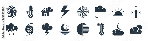 weather filled icons. glyph vector icons such as clouds and sun, hot, moonrise, ice pellets, sunrise, patchy fog, snow, cold sign isolated on white background.