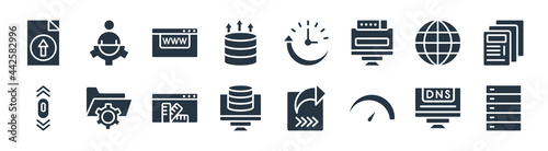 web hosting filled icons. glyph vector icons such as raid, bandwidth, feature, scrolling, globe network, domains, uptime, tech support sign isolated on white background.