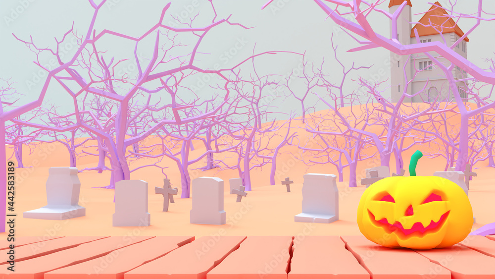 Pumpkin with face smile decorate on wood plate with background graveyard , 3D rendering. 