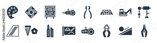 construction filled icons. glyph vector icons such as clippers, big clippers, construction plan, stairs with handle, derrick with tong, big closet, inclined clippers, paver sign isolated on white