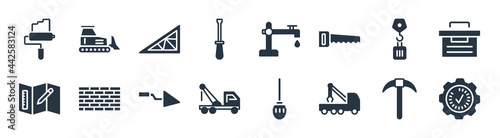 construction filled icons. glyph vector icons such as progress, crane truck, tow truck, measures plan, derrick with load, joist, adjustment system, backhoes sign isolated on white background.