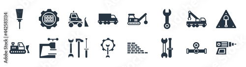 construction filled icons. glyph vector icons such as nail gun, screwdriver and doble wrench, wrench and gear, bulldozer, truck with crane, little snowplow, derrick with ball, constructions sign