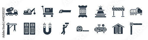 construction filled icons. glyph vector icons such as angle ruler, air compressor, man painting, derrick with boxes, road barrier, trolley with cargo, cement, demolition sign isolated on white