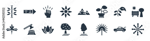 nature filled icons. glyph vector icons such as flower with eight petals, floral decorations, sugar maple tree, maple tree, plants growing, determination, snowed mountains, wood board sign isolated