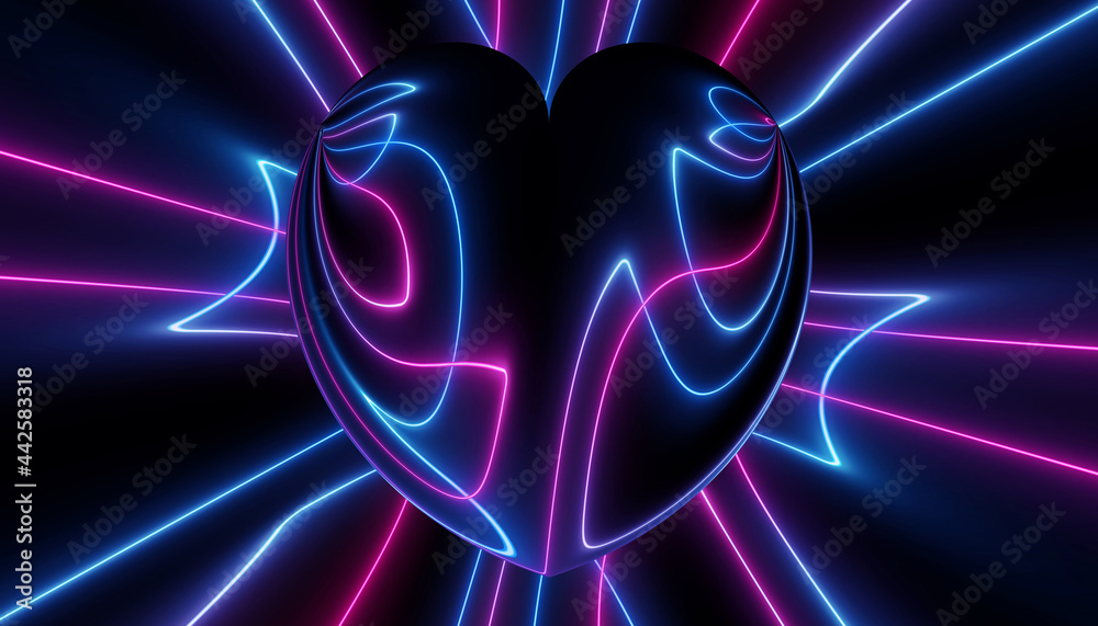 neon heart blue pink tubes glowing in light with alternating colors on a black background