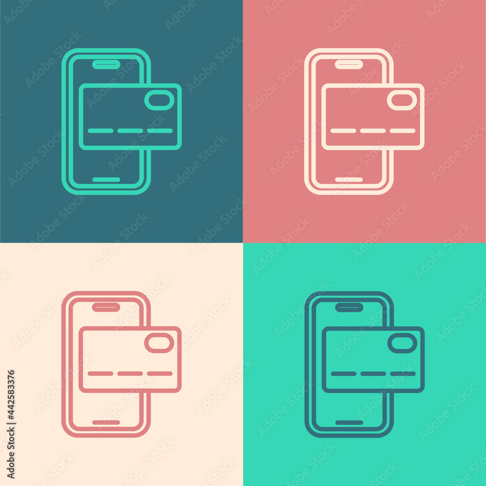 Pop art line Mobile banking icon isolated on color background. Transfer money through mobile banking on the mobile phone screen. Vector Pop art line Mobile banking icon isolated on color background. Transfer money through mobile banking on the mobile phone screen. Vector