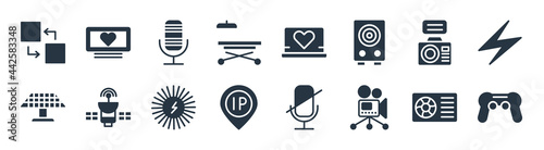 technology filled icons. glyph vector icons such as big joystick, cinema projector, null, null, reflex photo camera, vintage mic, laptop with a heart, heart in a screen sign isolated on white