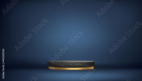 Studio room in dark blue background with 3D Black Marble Cylinder and Golden podium, Luxury gallery empty room, Abstract minimal design use for backdrop shooting for products presentation for Sales
