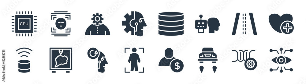artificial intellegence filled icons. glyph vector icons such as bionic eye, hover transport, body scan, assistant, road, business, database, face recognition sign isolated on white background. artificial intellegence filled icons. glyph vector icons such as bionic eye, hover transport, body scan, assistant, road, business, database, face recognition sign isolated on white background.
