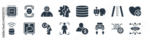 artificial intellegence filled icons. glyph vector icons such as bionic eye, hover transport, body scan, assistant, road, business, database, face recognition sign isolated on white background.