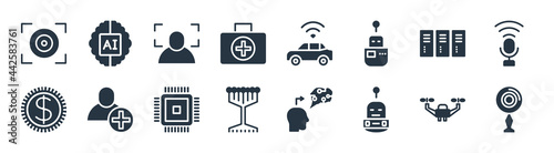 artificial intellegence filled icons. glyph vector icons such as ar camera, microbots, technology tree, coins, servers, recognition, driverless autonomous car, ai brain sign isolated on white