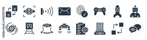 artificial intelligence filled icons. glyph vector icons such as speech bubble, difference engine, flyboard, processing, rocket, motion sensor, biometrics, eye tracking sign isolated on white