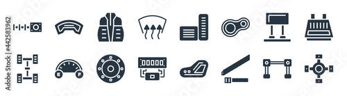 car parts filled icons. glyph vector icons such as car universal joint, car seat belt or safety belt, manifold, chassis, headrest, cowl, pedal, brake pad sign isolated on white background.