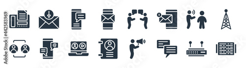 communication filled icons. glyph vector icons such as text lines, chat bubble, contacts, people connection, talking, mobile chat, quarrel, receiving email sign isolated on white background.