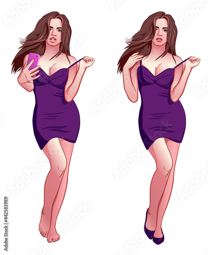 An attractive beautiful woman in a purple dress with a cleavage stands in full growth in a sexy pose and makes a selfie on a pink phone