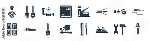 construction and tools filled icons. glyph vector icons such as iron soldering, planer, chop saw, glass wall, metal saw, relief valve, staple gun, shovel and fork sign isolated on white background.