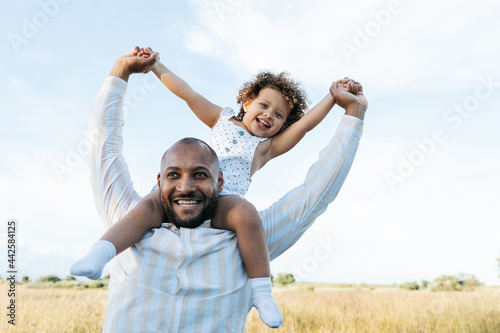 Delighted black father and daughter having fun in summer field photo