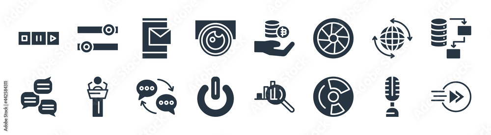 multimedia filled icons. glyph vector icons such as fast, compact disc with glare, start button, conversation speech bubbles, world wide, mailed, bitcoin storage, switches sign isolated on white multimedia filled icons. glyph vector icons such as fast, compact disc with glare, start button, conversation speech bubbles, world wide, mailed, bitcoin storage, switches sign isolated on white