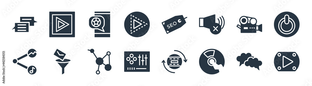 multimedia filled icons. glyph vector icons such as play buttom, broken disc, music controller, share content, cinema reel video camera, football balloon, seo tag, null sign isolated on white multimedia filled icons. glyph vector icons such as play buttom, broken disc, music controller, share content, cinema reel video camera, football balloon, seo tag, null sign isolated on white