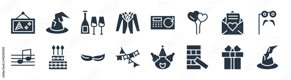 party filled icons. glyph vector icons such as wizard hat on head, jenga, party flags, big quaver, open envelope with heart letter, bottle and two glasses, dj playing records, wizard hat sign party filled icons. glyph vector icons such as wizard hat on head, jenga, party flags, big quaver, open envelope with heart letter, bottle and two glasses, dj playing records, wizard hat sign