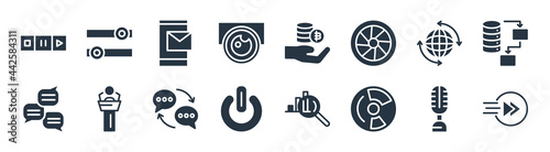 multimedia filled icons. glyph vector icons such as fast, compact disc with glare, start button, conversation speech bubbles, world wide, mailed, bitcoin storage, switches sign isolated on white